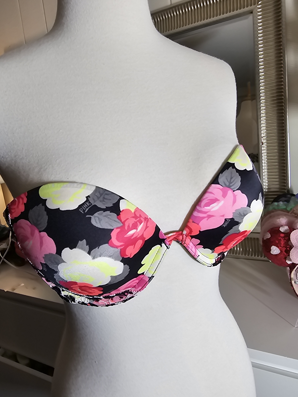 Victoria's Secret Black Floral Push-Up Strapless Bra